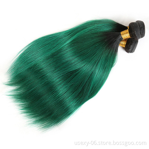 Pre-Colored Hair Bundles With Closure Straight Dark Root Turquoise Green Virgin Brazilian Ombre Human Hair Weave
